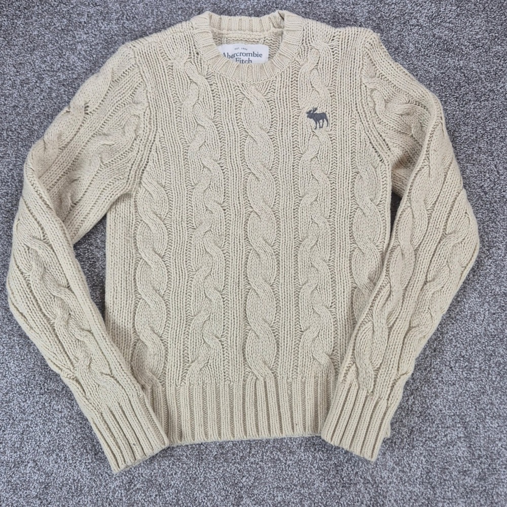 Y2K Abercrombie & Fitch Cable‎ Knit Sweater Womens Medium Cream Wool Blend Moose